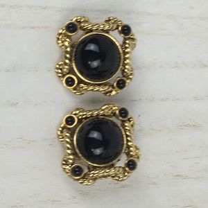 Craft vintage signed earrings gold black Cabochon